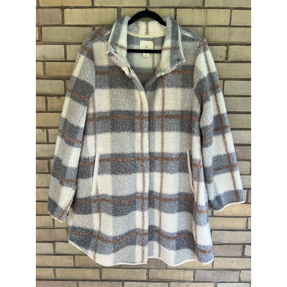 Aspen Plaid Fleece Coat Snap Front Jacket Grey White Fall Buffalo Check Size 1X